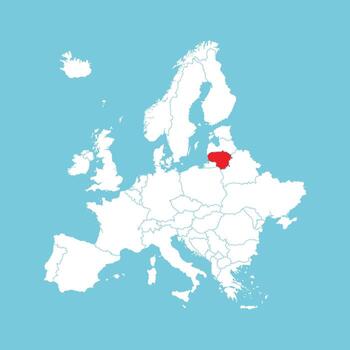 Europe map. Europe map with Lithuania highlighted in red, isolated on blue background. vector