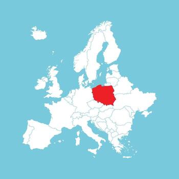 Europe map. Europe map with Poland highlighted in red, isolated on blue background. vector