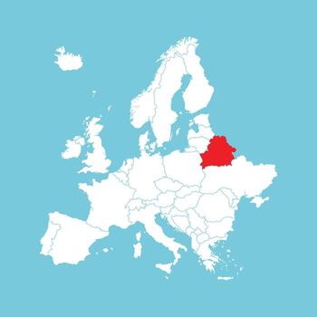 Europe map. Europe map with Belarus highlighted in red, isolated on blue background. vector