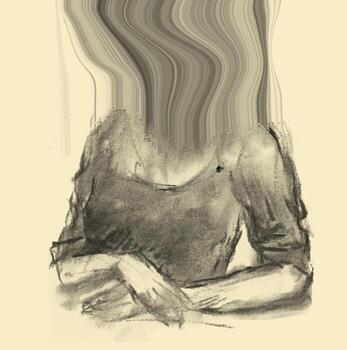 Surreal Ink Drawing of a Faceless Woman with Distorted Head Flowing into Abstract Lines vector