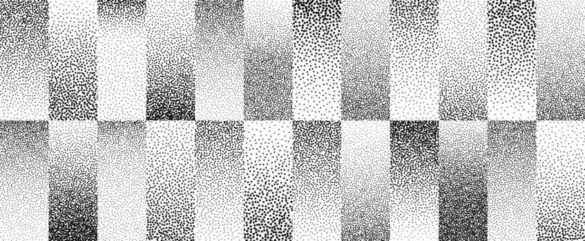 Stippled gradient stripes background. Fading sandy geometric gradation lines wallpaper. Gritty dotted rectangle wallpaper for overlay, print, cover. Repeated dot work strip pattern backdrop vector