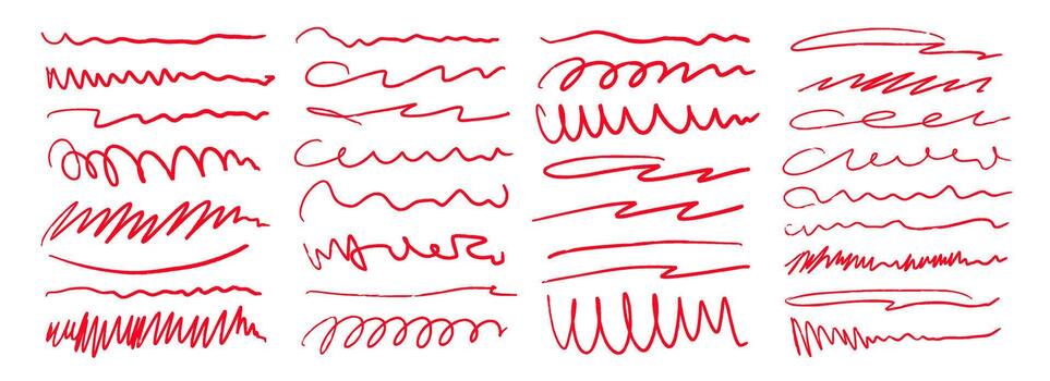 rojo mano dibujado cepillo golpes colocar. bosquejado garabatear garabatear líneas recopilación. dentado, ondulado, garabato Escribiendo rayas embalar. marcador Nota señales haz para marca, énfasis, acento, destacar. vector
