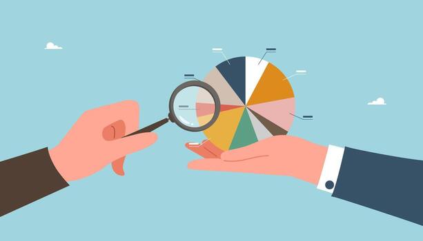 Hands analyzing pie chart vector