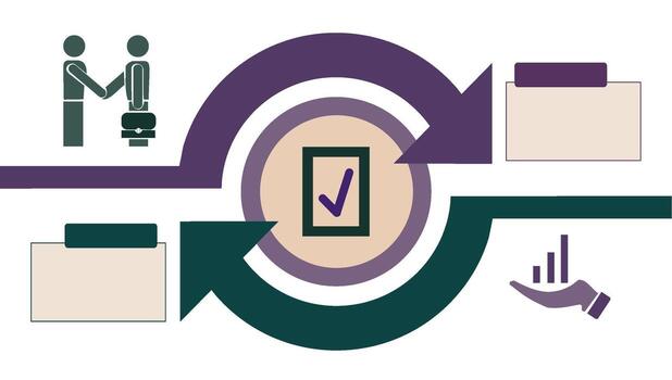 Mutual agreement concept, circular arrows, OK checkbox, text box for options, icons of hand with a growth chart, two stick figures shaking hands. Partnership, collaboration, approval, business growth. vector