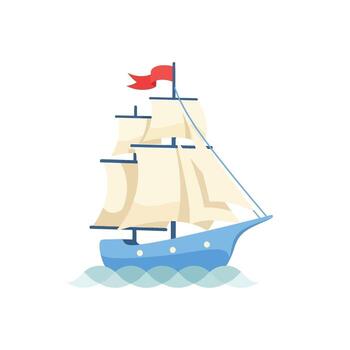 Historic caravel sailing ship with white sails and a red flag navigating the ocean on a Columbus Day discovery voyage. vector