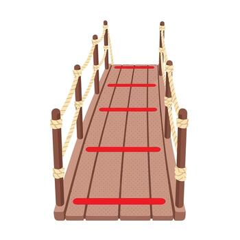 Wooden gangplank with rope handrails providing a bridge for boarding a ship at the dock for a Columbus Day departure. vector