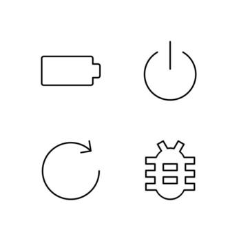 Battery Power Button Reboot and Bug Report Line Icon Set for Technology Platform vector