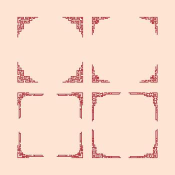 A set of red and white Chinese-style brackets. The brackets are arranged in a row, with some overlapping and others standing alone. Scene is elegant and sophisticated, with the red vector
