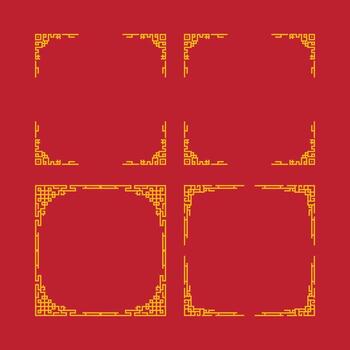 A set of yellow and red Chinese-style brackets. The brackets are arranged in a grid of eight, with each bracket having a different size and shape. Scene is elegant and sophisticated. vector