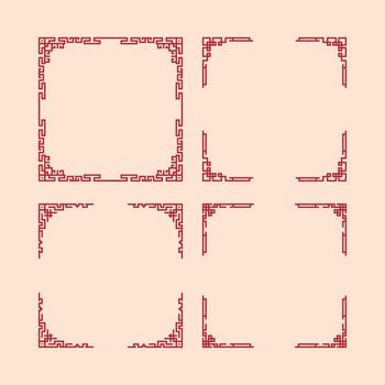 A set of red and white Chinese-style brackets. The brackets are arranged in a row, with some overlapping and others standing alone. Scene is elegant and sophisticated, with the red. vector