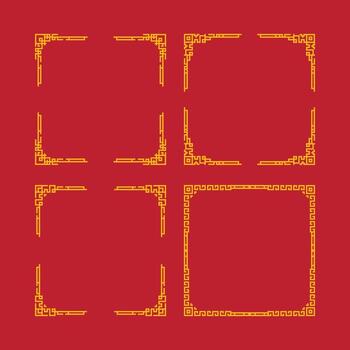 A set of yellow and red Chinese-style brackets. The brackets are arranged in a grid of eight, with each bracket having a different size and shape. Scene is elegant and sophisticated vector