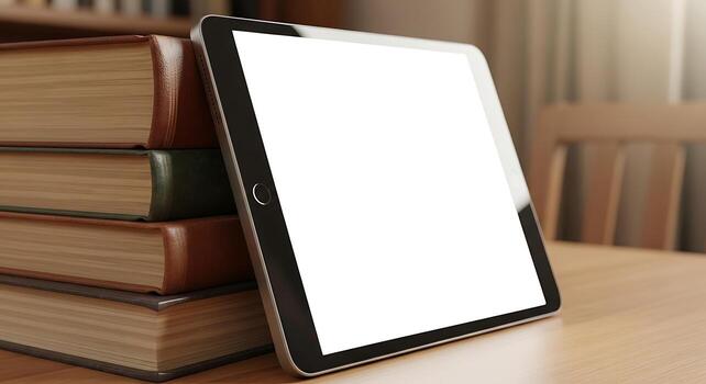 Tablet Computer Resting on Books in a Library Setting. photo