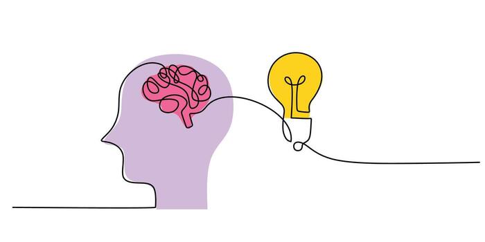 Minimalist head with brain and light bulb symbols beside it, representing innovation, intelligence, and problem-solving in creative design. vector