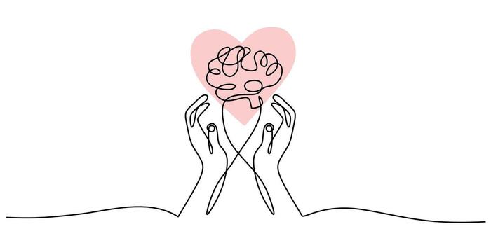Concept of mental health awareness. Continuous one line drawing. A hand holds a brain and heart, a metaphor for support, love, and kindness. illustration simple design. vector