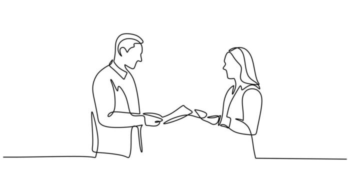 Continuous one line illustration of two individuals handing over paperwork. A hand drawn illustration representing connection, trust, and workflow efficiency. Minimalist hand drawn symbol. vector