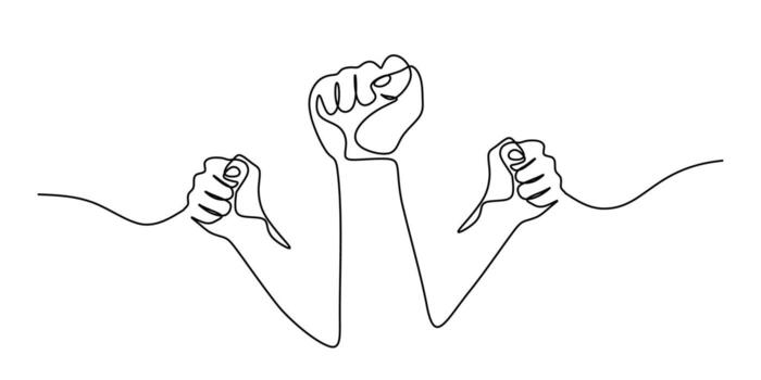 uno línea dibujo de Tres apretado puños elevado en el aire. concpet de fortaleza, libertad, y protesta, dibujado en un lineal gesto símbolo de fuerza. vector