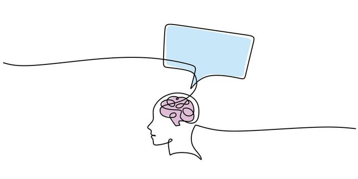Continuous line drawing of mental health therapy with a brain and dialogue bubble icon. Simple single one outline of stress discussion. illustration minimalist. vector