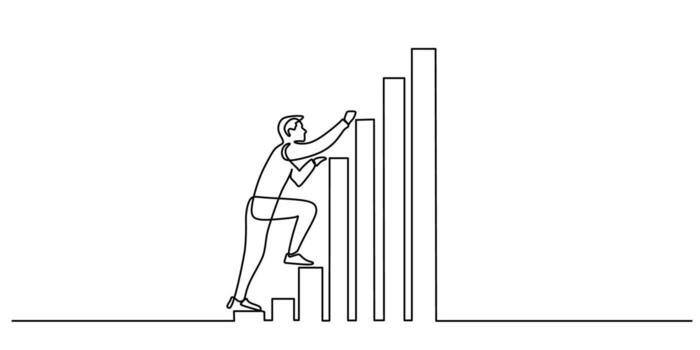 soltero línea dibujo de un persona alpinismo un grafico. un mano dibujado bosquejo de un símbolo de progreso, representando negocio éxito y financiero crecimiento. ilustración con editable ataque. vector