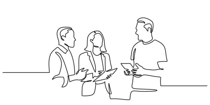 Continuous one line drawing of a group of business people in a discussion. A concept of corporate teamwork, collaboration, and strategy for growth. Minimalist hand drawn illustration. vector