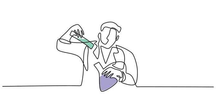científico realiza un químico prueba en un laboratorio configuración, un minimalista soltero línea dibujo, representando investigación y descubrimiento. ilustración con editable carrera contorno vector