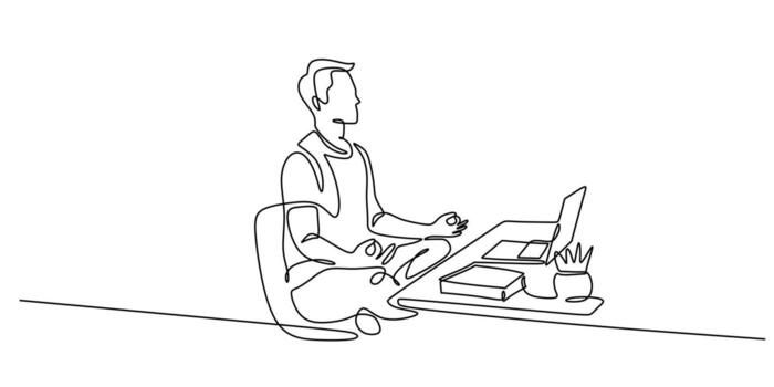Continuous line drawing shows a man doing a stretching yoga exercise at his desk. Simple contour sketch of office activity, a symbol of health and relaxation. illustration minimalist, vector