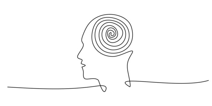 Psychology and mental awareness illustration. One single line drawing shows a human head with an inner spiral, a symbol of the chaos of a problem or the path to a solution. linear minimalist. vector