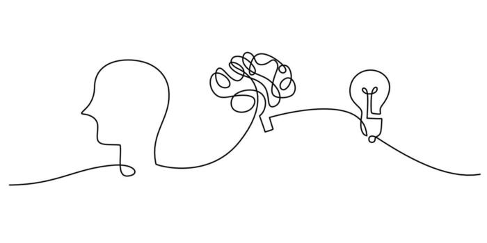 One line drawing of a head with brain and light bulb, symbolizing imagination, intelligence, and education. Modern continuous line art style, illustration minimalist. vector