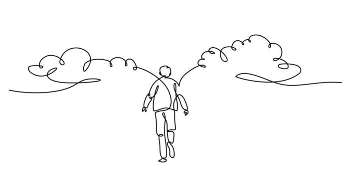 Overcoming a life problem and leaving conflict behind. Continuous one line drawing shows a person walking away, a symbol of a lonely journey to find a solution. illustration loneliness concept vector