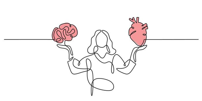 Single continuous line drawing of a person holding a brain and heart. Simple illustration of emotional intelligence and the harmony between logic and feeling. Minimalist hand drawn illustration vector