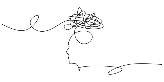 Hand drawn continuous line drawing of a chaotic mind. Doodle metaphor for anxiety, stress, and overthinking, representing the confusion of mental health problems. vector