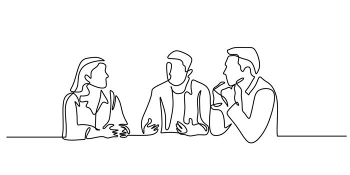 Continuous line art of a diverse group of people in a business discussion. Simple illustration representing teamwork, brainstorming, and creative solutions. Continuous single hand drawn. vector