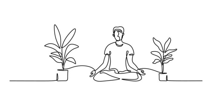 One continuous line drawing of a peaceful lotus yoga pose with leaves and flowers. Linear sketch symbolizes spiritual balance, serenity, and wellness. Single continuous outline with editable stroke. vector