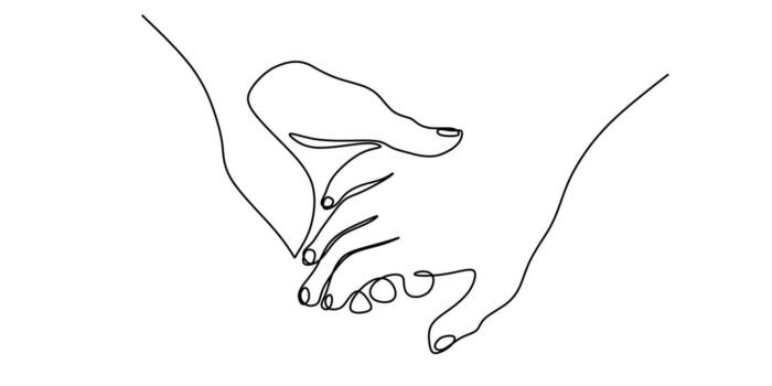 Minimalist sketch of connection. One continuous line drawing shows two hands holding each other, a simple symbol of love, care, and a supportive relationship. vector