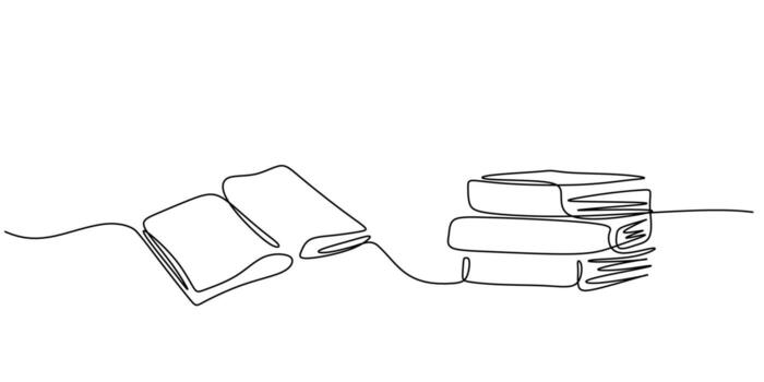 Linear continuous line art of books. School and university learning materials. A simple outline sketch. illustration one line drawing concept of education, study and creative ideas. vector
