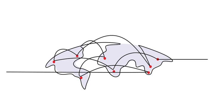 Continuous line drawing of an airplane flight path tracing a trip around the globe. A simple graphic icon for geography, airlines, and global transportation. vector