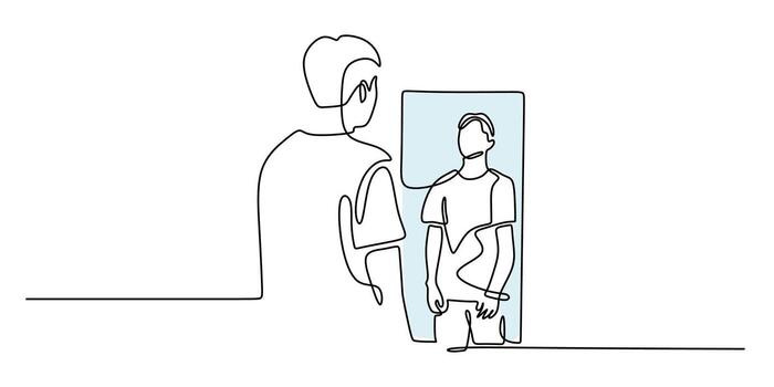 One Single Line Drawing of a Man Looking at His Reflection in a Mirror. Psychology concept of self reflection and change. illustration minimalism style, editable stroke. vector
