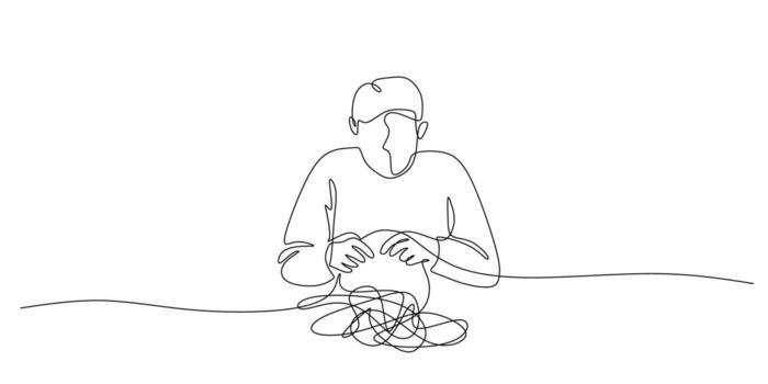 A metaphor for finding a solution. One continuous line drawing shows a person untangling a messy thread, a symbol of therapy and mental health support. Editable stroke illustration. vector