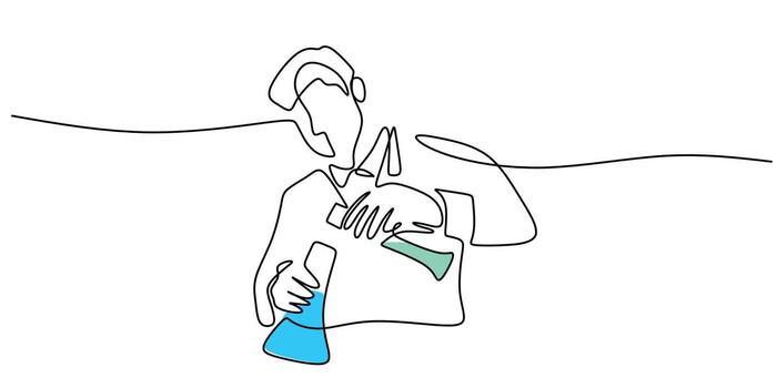 uno continuo línea ilustración de un científico trabajando con químico líquidos. ilustración simbolizando innovación, investigación, y laboratorio experimentos vector