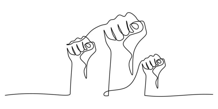 unidad puño en continuo uno línea dibujo. simbólico ilustración de unidad y poder mostrado mediante Tres apretado puños, un concepto de revolución y trabajo en equipo en uno línea Arte. vector