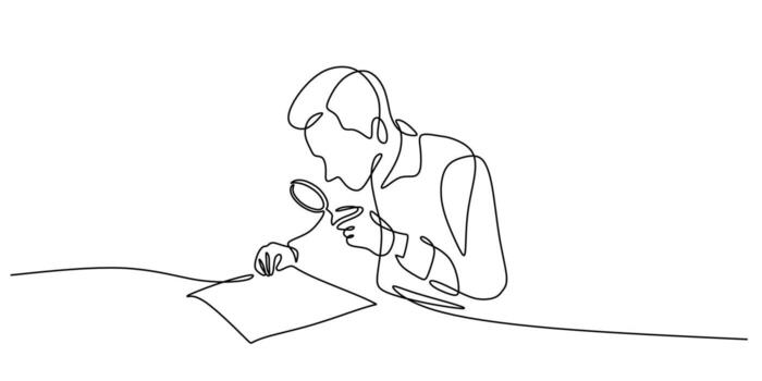 One Single Line Drawing of a Person Inspecting a Document with a Magnifying Glass. concept of financial audit and business inspection. illustration with copy space. vector