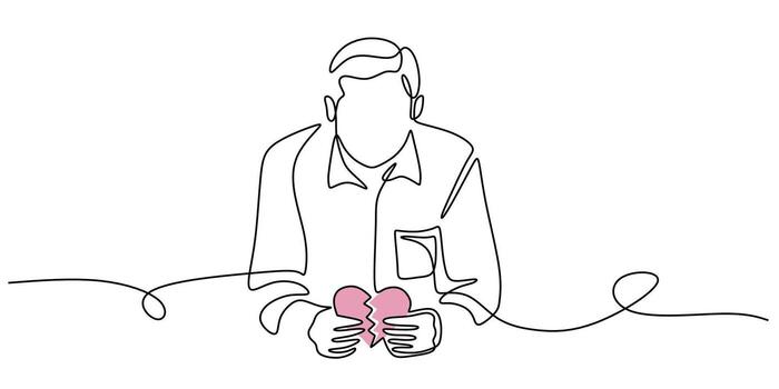 continuo uno línea dibujo de un hombre con un roto corazón simbolizando tristeza. un mano dibujado bosquejo representando desesperación y relación problemas. minimalista icono con editable ataque. vector