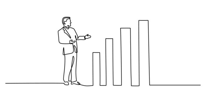 soltero continuo línea dibujo de un empresario presentación un crecimiento cuadro. negocio estrategia y Progreso concepto. un símbolo de exitoso ventas y empresa crecimiento. vector