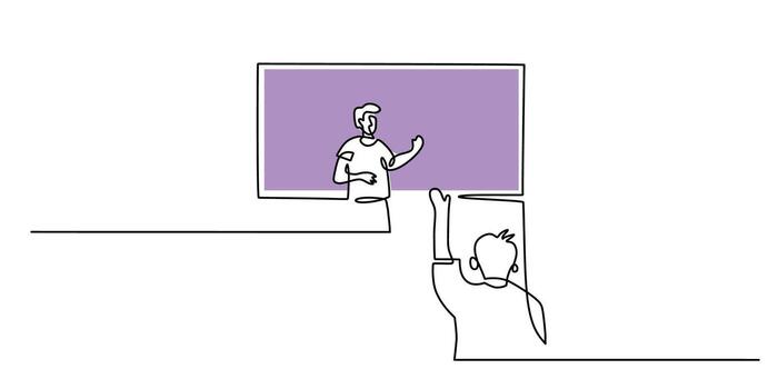 Class lesson one line drawing. Teacher instructing students while a child raises a hand to answer, symbolizing education, participation, and interactive learning. vector