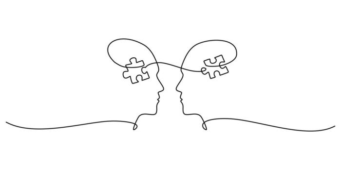 Collaboration and problem solving in one line drawing. Single continuous line art shows two human profiles connecting with a jigsaw piece. illustration symbol of empathy and support. vector