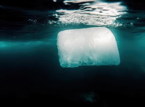 Ice block floating underwater in a tranquil environment with soft light photo