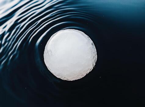 Unique frozen sphere floating on water surface during calm winter day photo