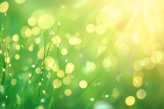 Morning dew on grass illuminated by soft sunlight in a serene garden photo