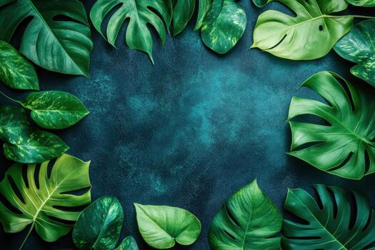 Lush green leaves creating a vibrant border on a dark blue backdrop photo