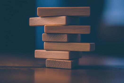 Stacked wooden blocks create a balanced tower on a wooden table photo