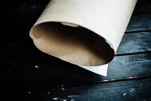 Wrapped paper cylinder on dark wooden surface with unrolled edge photo